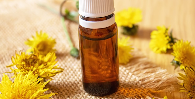 Celandine dandelion extract in a littel bottle, treatment, medicine, tincture. selective focus.nature