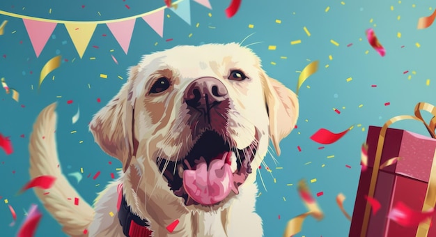 Photo celebrate anniversary with happy birthday dog blowing candle on cake