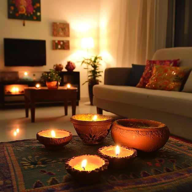 Photo celebrate diwali with clay lamps and colorful powder decorations in a cozy living room