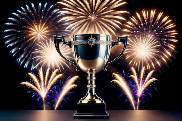 Celebrate excellence with a luxurious trophy cup adorned by the brilliance of fireworks in this award winning image AI Generated