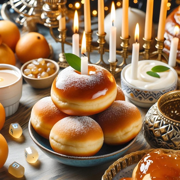 Photo celebrate hanukkah with beautiful candles and ifganiyot