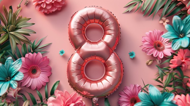 Photo celebrate international womens day with a stylish number 8 foil balloon and vibrant flowers