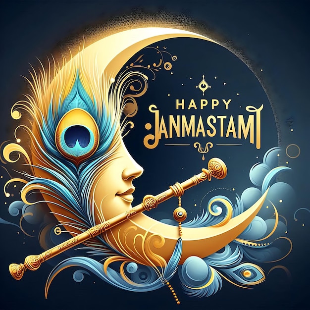 Photo celebrate janmashtami with a wishes card featuring flute and peacock feather