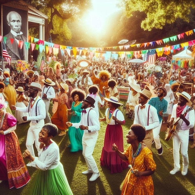 Celebrate Juneteenth with a vibrant digital artwork depicting a diverse group of people