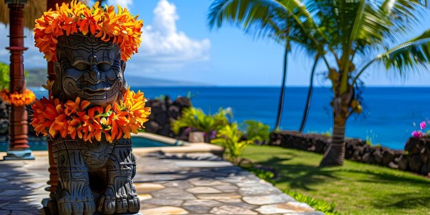 Celebrate Lei Day in Hawi Adorned Statue Ocean Views and Palm Trees Concept Lei Day Celebration Adorned Statue Ocean Views Palm Trees Hawi Festivities