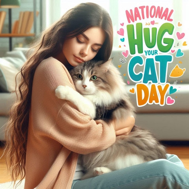 Celebrate National Hug Your Cat Day Social Media Poster Design ai generated