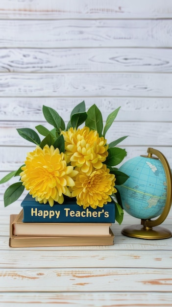 Photo celebrate teachers with yellow chrysanthemums books and a globe on a rustic wooden table for teachers day