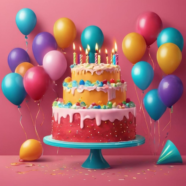 Celebrate with a cake and balloons on a pink background for a birthday party