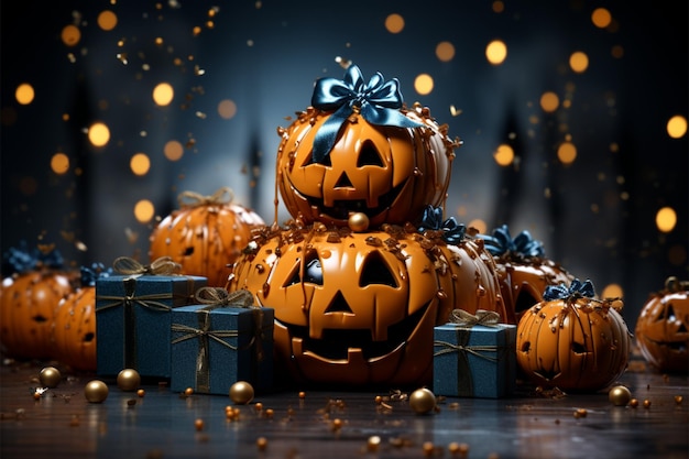 Celebrate with giftbox pumpkins balloons on festive Happy Halloween backdrop