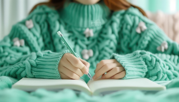 Celebrate World Book Day A Woman Writing in Her Journal Inspired by a Book on Creative Writing