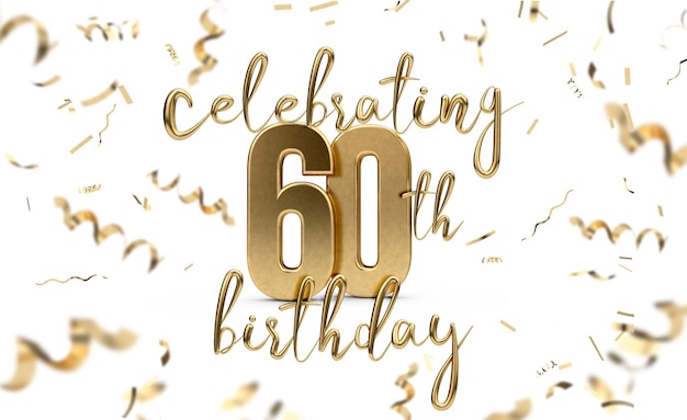 Celebrating 60th birthday gold greeting card with confetti 3D Rendering