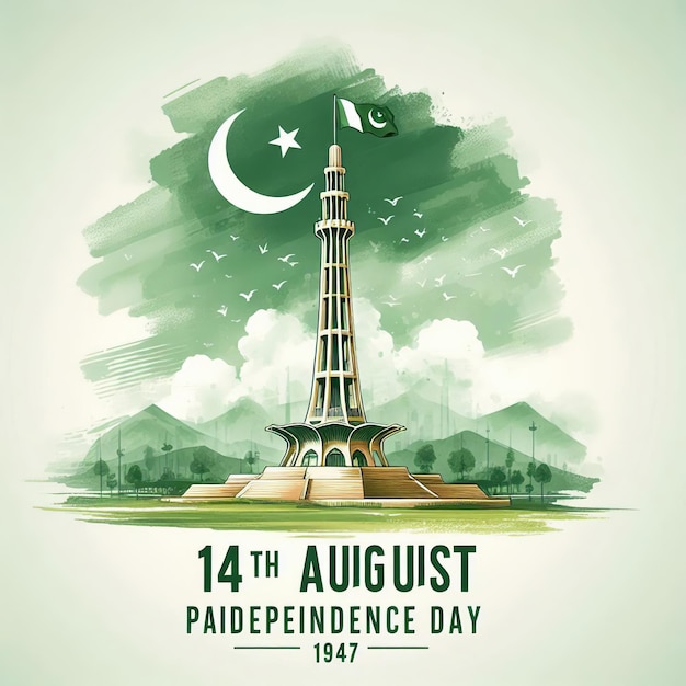 Photo celebrating august 14 is the day of independence of pakistanwaving flag on green background