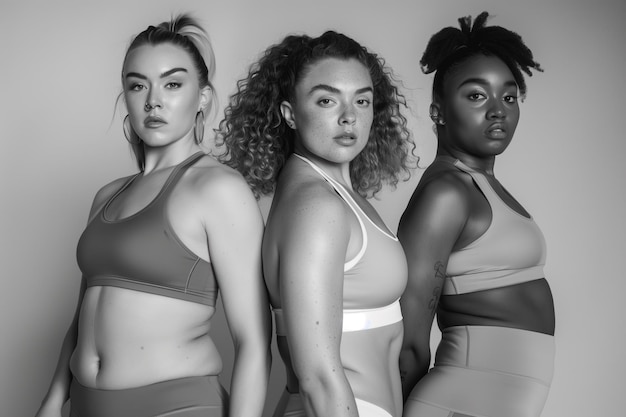 Celebrating diverse body shapes among women posing confidently in athletic wear in studio setting