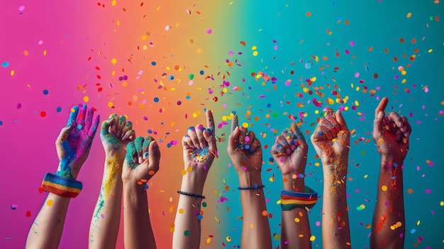 Celebrating Diversity Pride Month with Hands and Rainbow Confetti