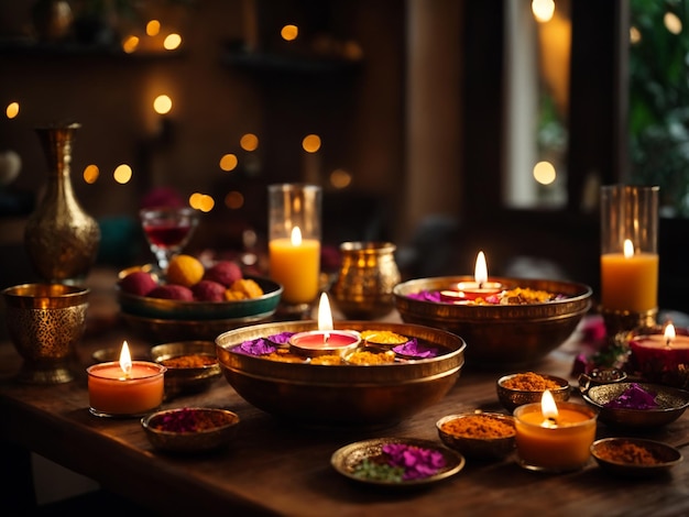 Celebrating Diwali Festival at home wooden table with decoration and sweets