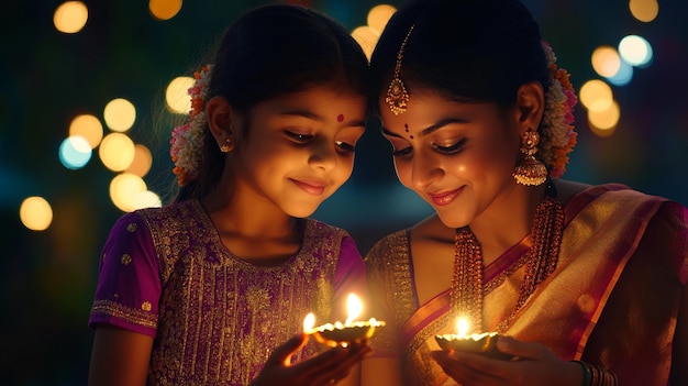 Celebrating Diwali with family as a mother and daughter light diyas in the evening