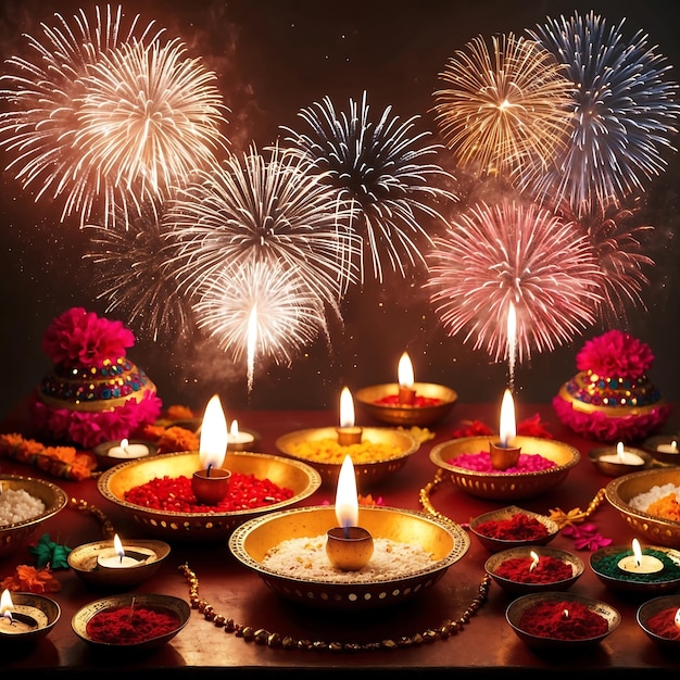 Photo celebrating diwali with traditional diyas and festive colors