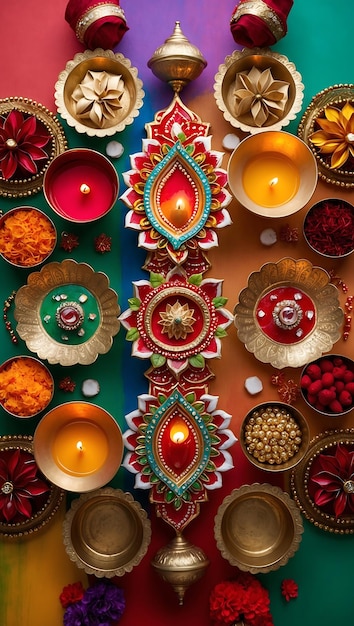 Photo celebrating diwali with traditional diyas and festive colors