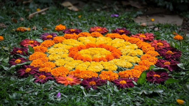 Photo celebrating diwali with vibrant marigold flowers and traditional sweets in a festive arrangement