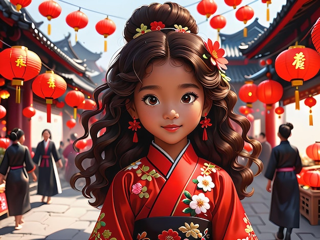 Celebrating Friendship 3D Illustration of Diverse Girls in a Vibrant Chinese Market