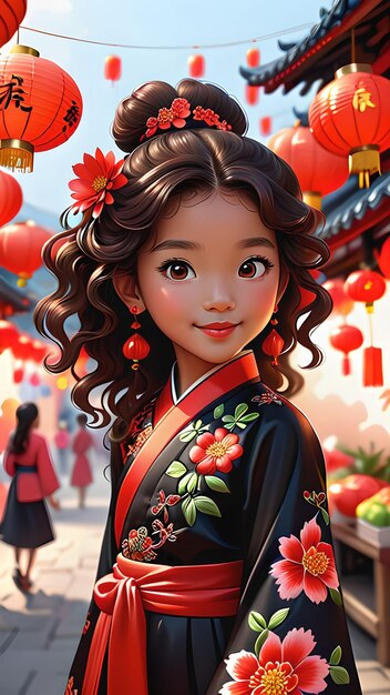 Celebrating Friendship 3D Illustrations of Diverse Girls in a Vibrant Chinese Market