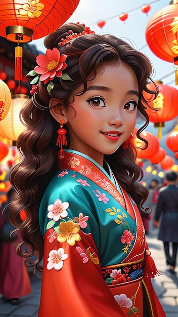 Celebrating Friendship 3D Illustrations of Diverse Girls in a Vibrant Chinese Market