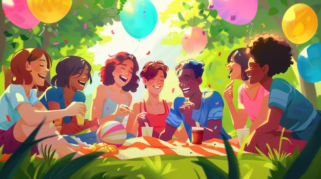 Celebrating Friendship Day 2024 A group of diverse friends laughing and enjoying a sunny day in the park Balloons picnic blankets and joyful expressions Bright vibrant colors Style