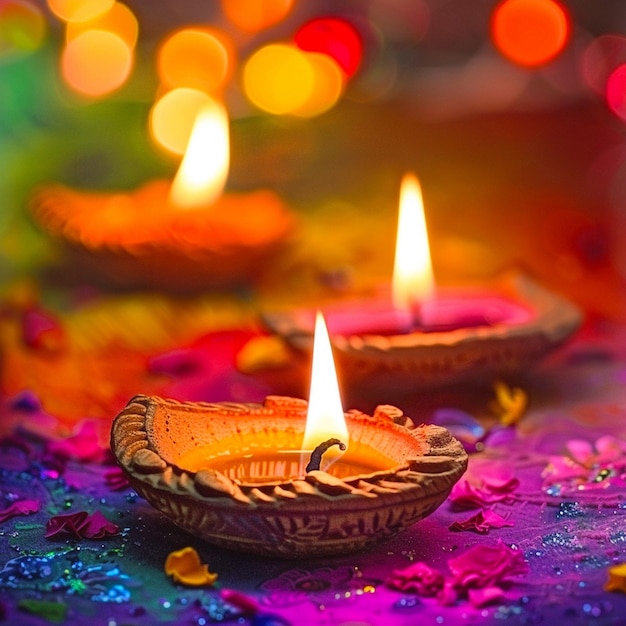 Celebrating happy diwali festival colorful background with candle decoration