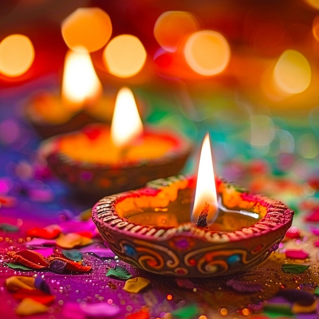 Celebrating happy diwali festival colorful background with candle decoration