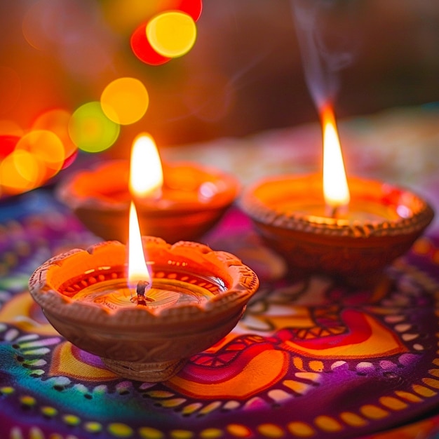 Celebrating happy diwali festival colorful background with candle decoration