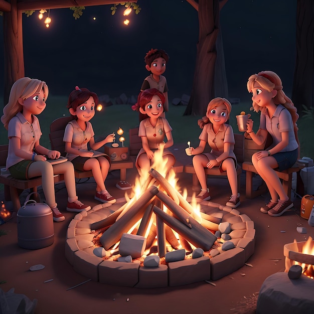 Celebrating Happy Friendship Day with friends gathering around a campfire