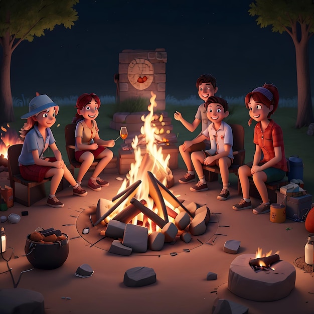 Celebrating Happy Friendship Day with friends gathering around a campfire