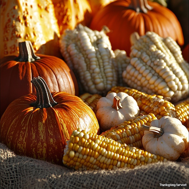 Photo celebrating the harvest pumpkins corn and autumn produce