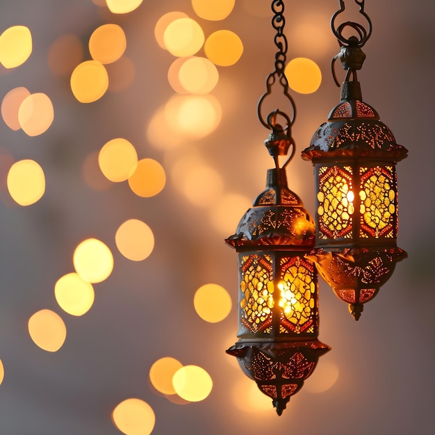 Photo celebrating holy islamic month of ramadan kareem with glittery lights and glowing islamic lanterns