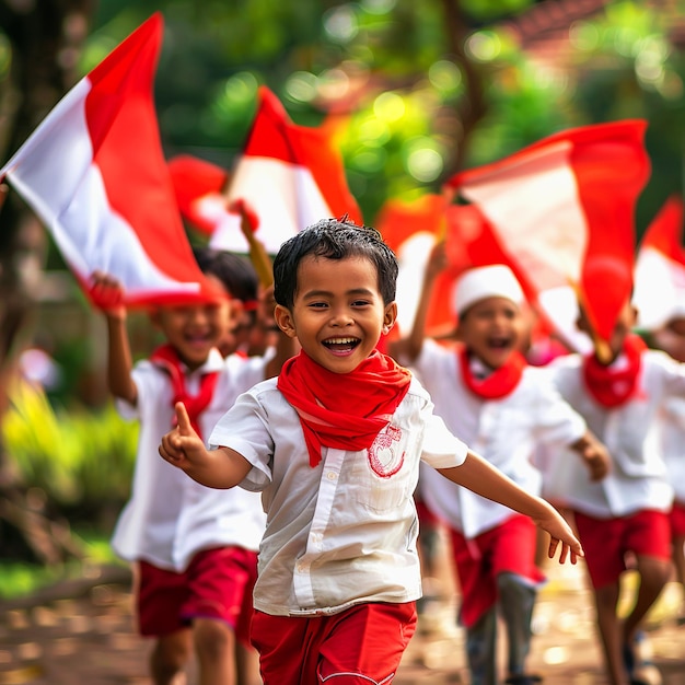 Celebrating Indonesia independence day Indonesia kids student wearing uniform