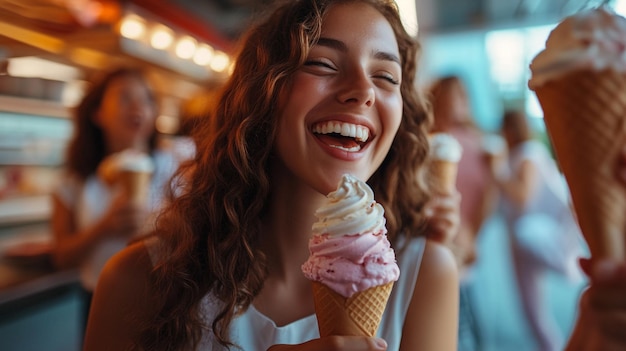 Photo celebrating national dessert day with joyful friends enjoying ice cream cones at a local shop