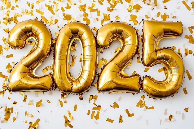 Photo celebrating new year 2025 with gold foil balloons