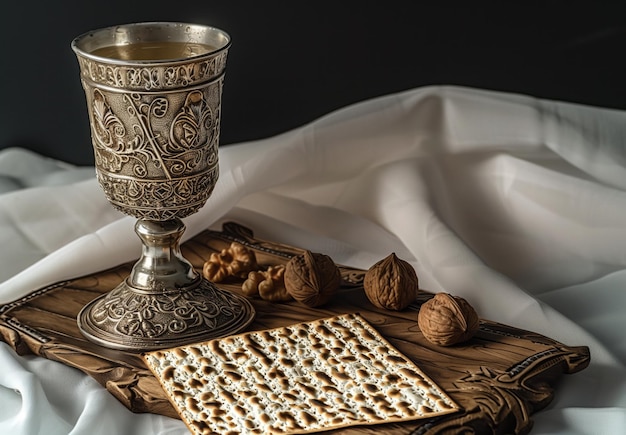 Celebrating passover jewish pesach attributes with kosher wine cup matzah flatbread unleavened bread