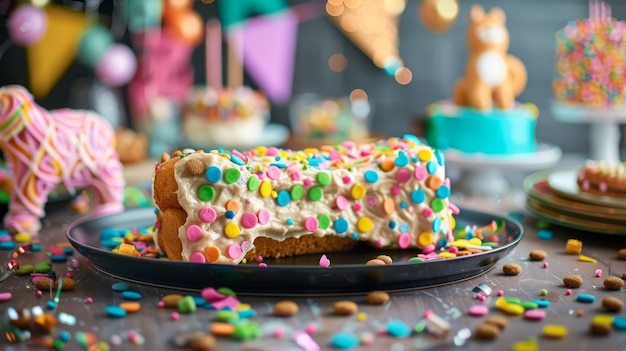 Photo celebrating a pets birthday with a colorful cake surrounded by festive decorations