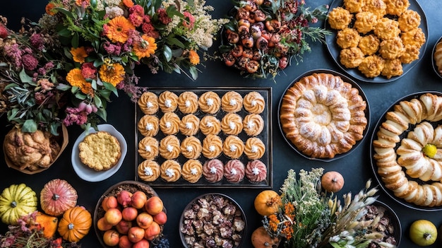 Photo celebrating thanksgiving with a beautifully arranged dessert spread surrounded by seasonal decor and autumn flavors