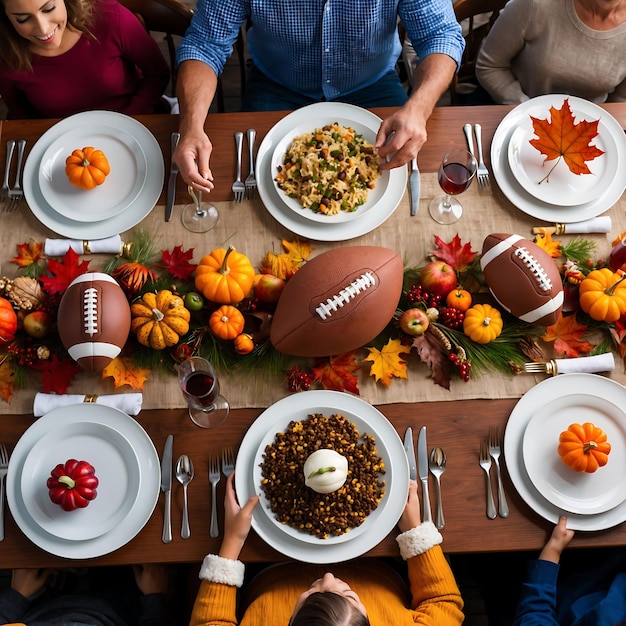 Photo celebrating thanksgiving with festive table settings and dishes