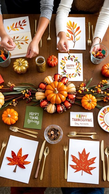 Photo celebrating thanksgiving with festive table settings and dishes