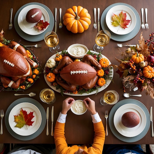 Photo celebrating thanksgiving with festive table settings and dishes