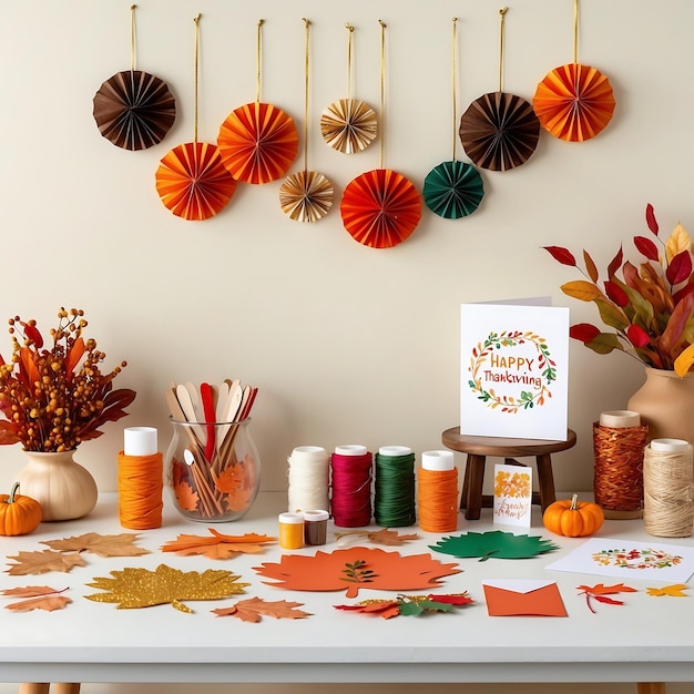 Photo celebrating thanksgiving with festive table settings and dishes