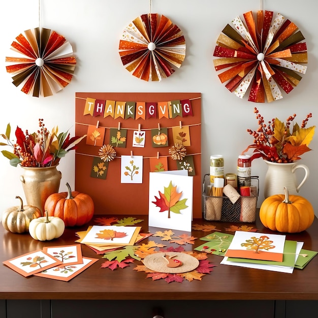 Photo celebrating thanksgiving with festive table settings and dishes