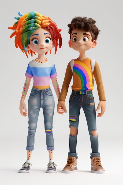 Celebrating Uniqueness A 3D Illustration of a Diverse Cartoon Couple