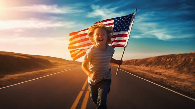 Celebrating USA Independence Day boy running on the road with USA Flag