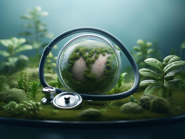 Celebrating world health day with a green globe and stethoscope against a natural backdrop