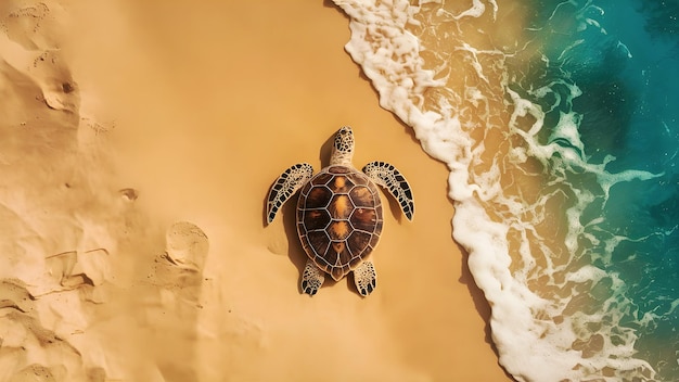 Celebrating World Oceans Day Majestic Sea Turtle Basking on Golden Shore Amidst Turquoise Waves