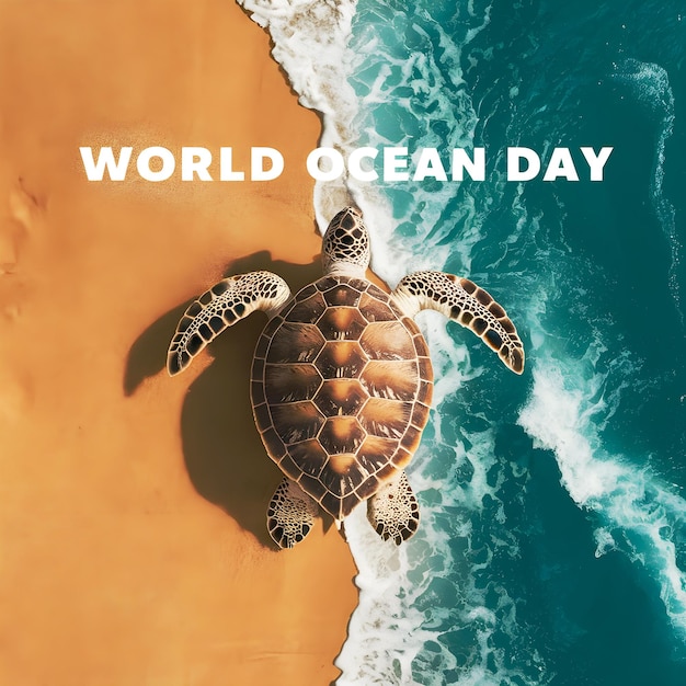 Celebrating World Oceans Day Majestic Sea Turtle Basking on Golden Shore Amidst Turquoise Waves